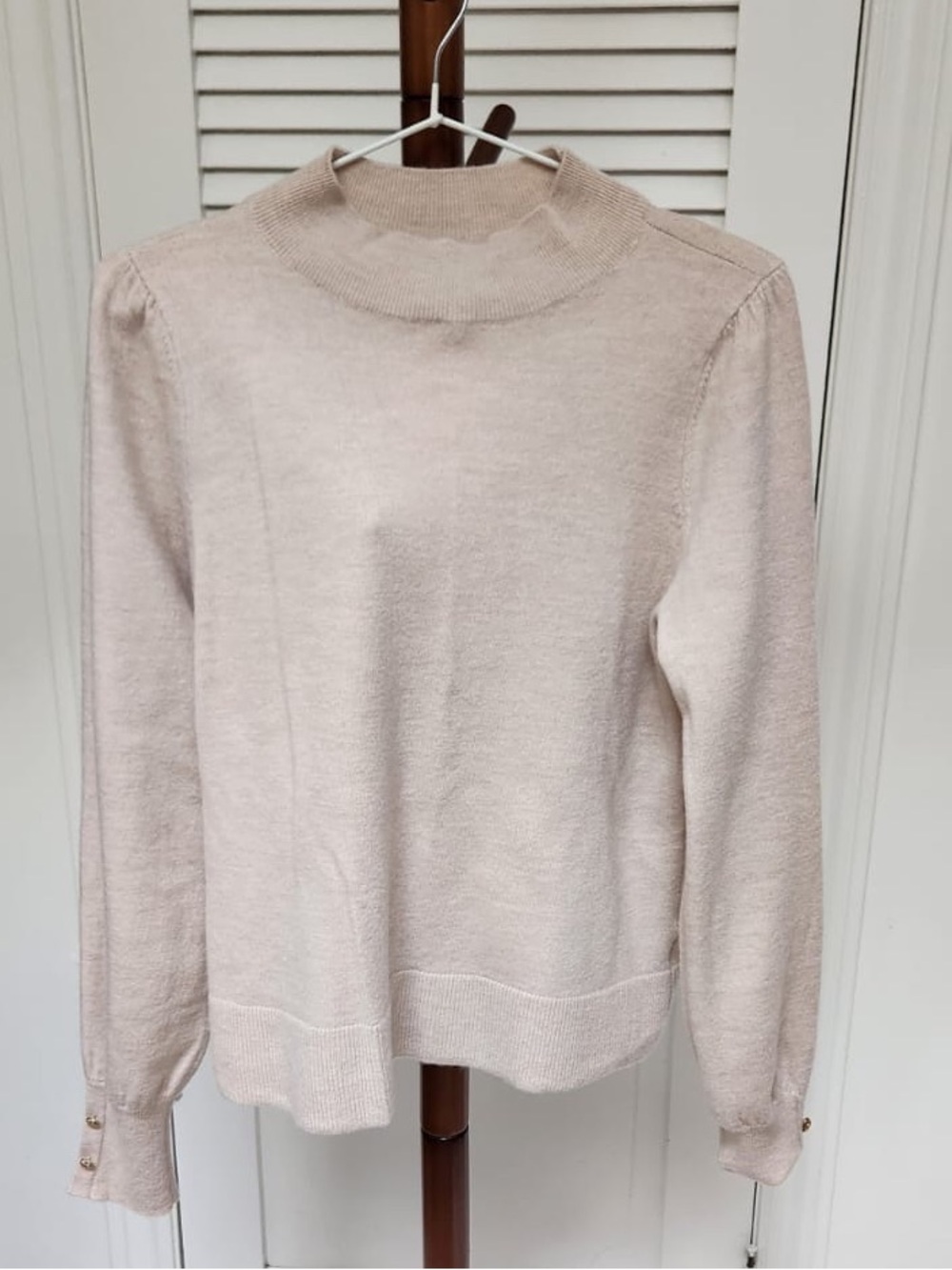 Martha Stewart Light Beige Mock Neck Sweater with Button Cuffs